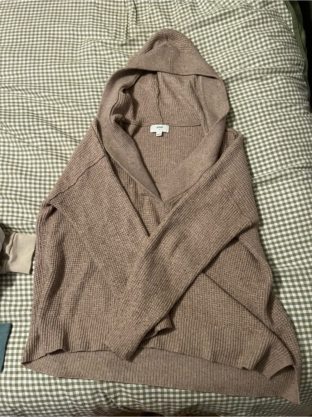 aerie Hooded Knit Pullover in tan-Taupe